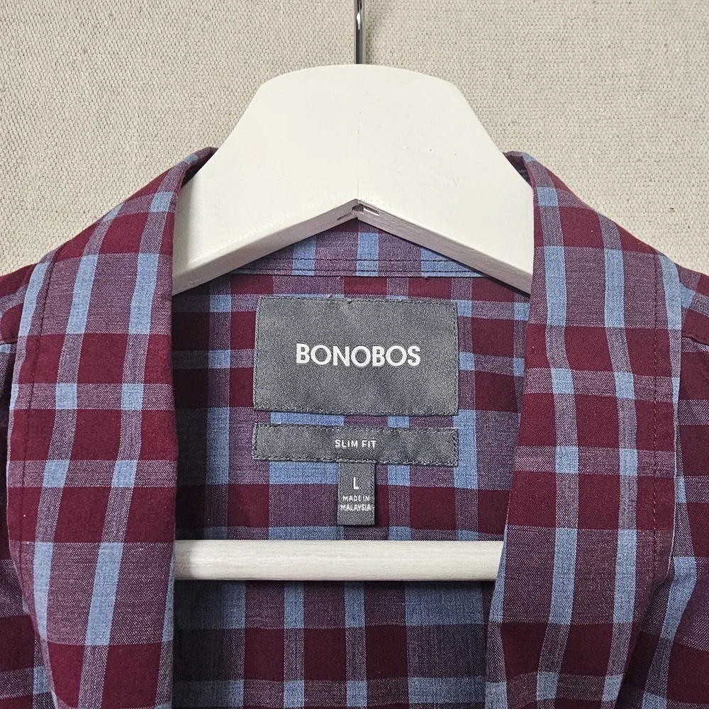 Bonobos Mens‎ Large Blue Plaid Slim Fit Grid Check Long Sleeve Button Down Shirt